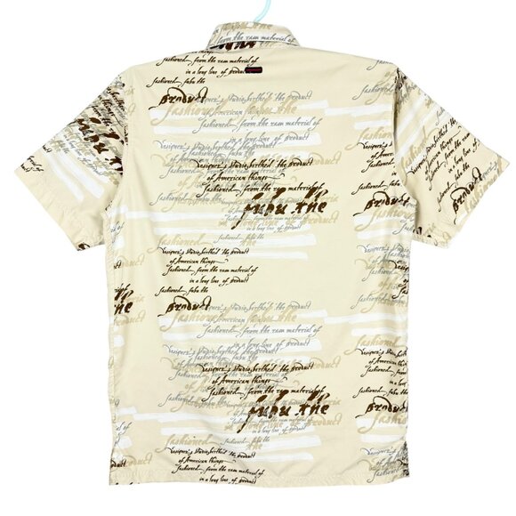 Fubu Men's Short Sleeve Button Down Script Print Tan Brown Shirt Size Large NWOT - Picture 2 of 8